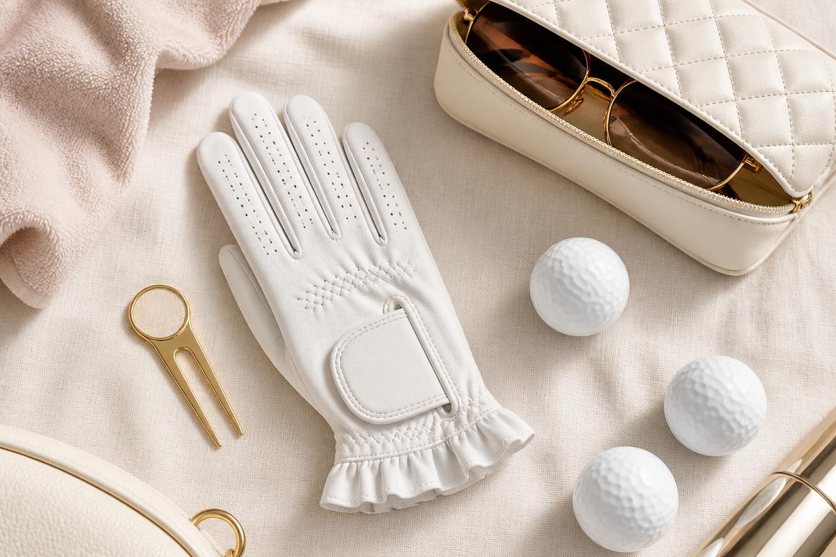 Flat lay of a white ruffle-cuff golf glove, gold divot tool, golf balls, sunglasses case and blush towel on cream linen