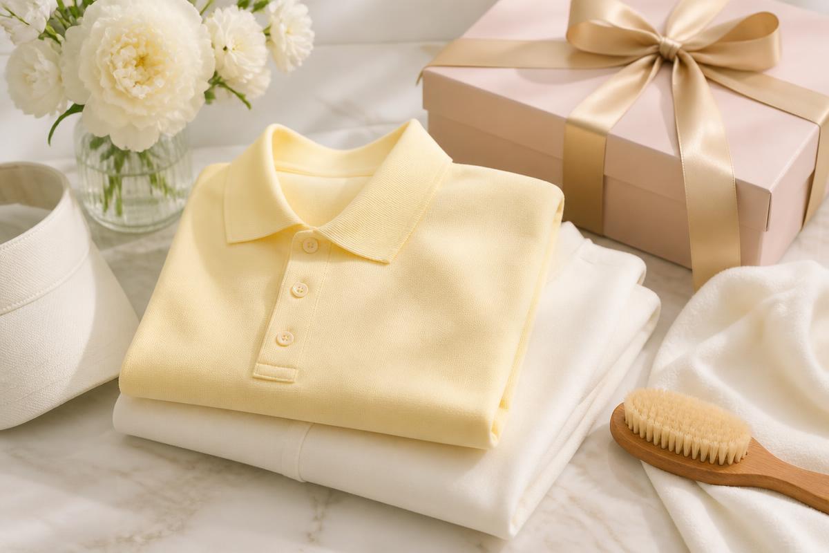 Folded butter yellow and ivory golf apparel on cream marble with a care brush and blush gift box