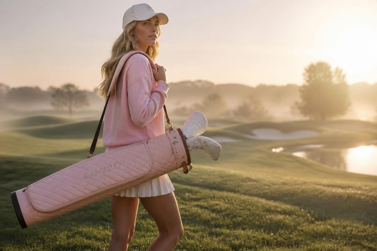 Woman carrying a quilted blush Sunday golf bag on a fairway at sunrise