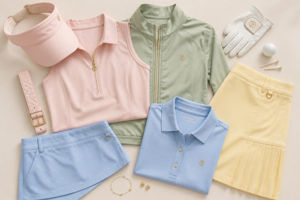 Flat lay of blush, sage, sky and butter golf apparel with gold hardware